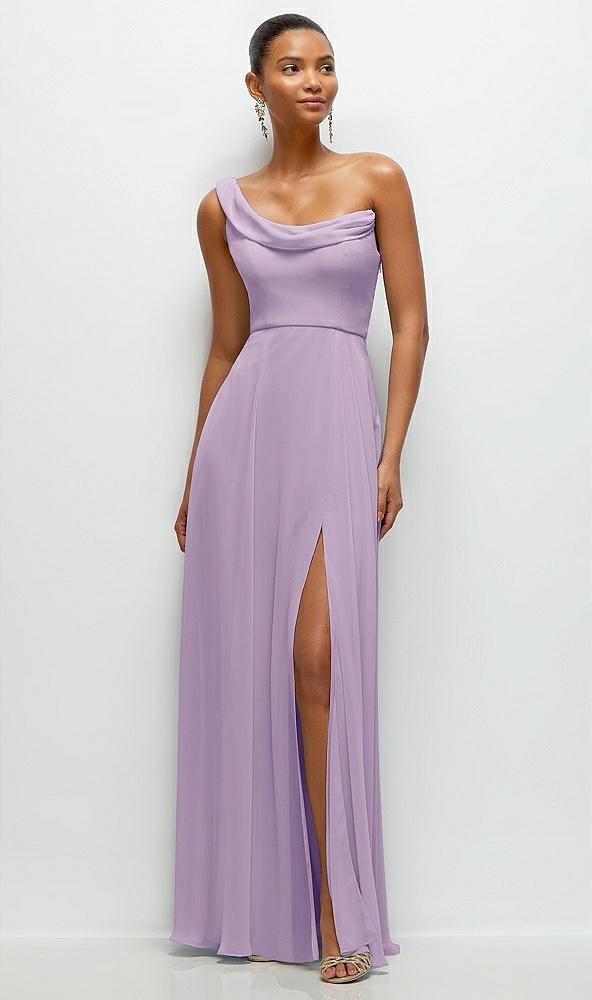 chiffon one-shoulder maxi dress with draped cowl neckline