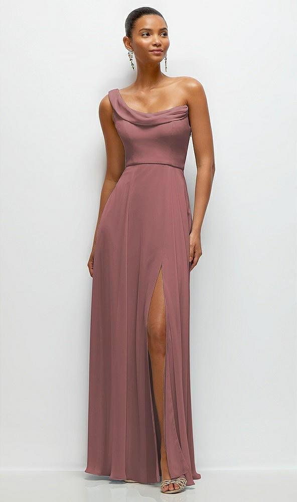 chiffon one-shoulder maxi dress with draped cowl neckline