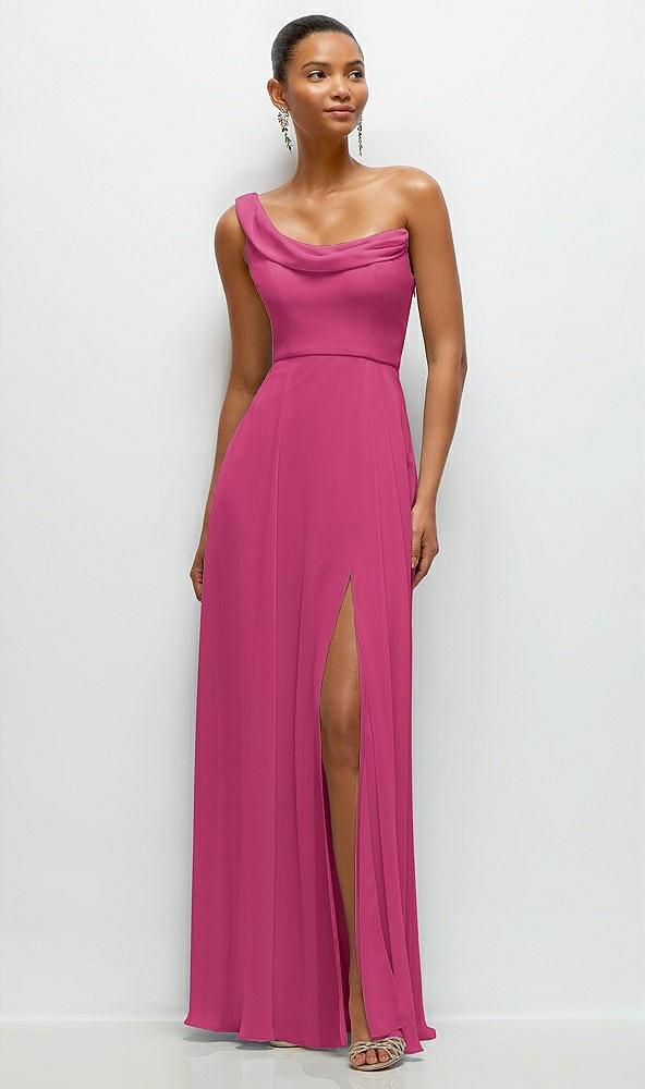 chiffon one-shoulder maxi dress with draped cowl neckline
