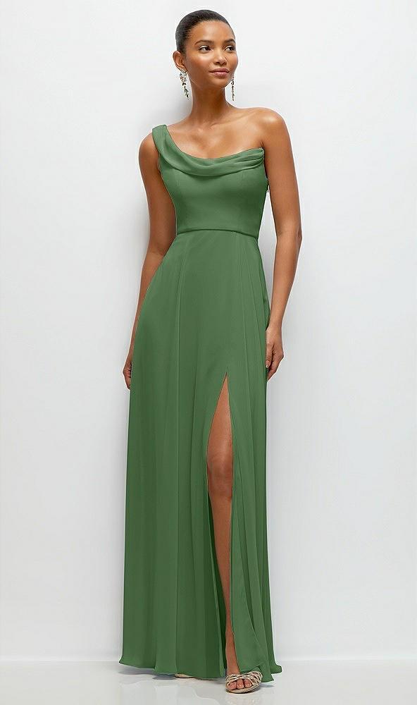 chiffon one-shoulder maxi dress with draped cowl neckline