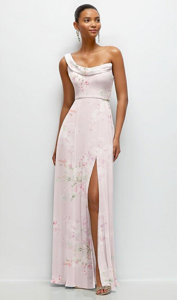 chiffon one-shoulder maxi dress with draped cowl neckline