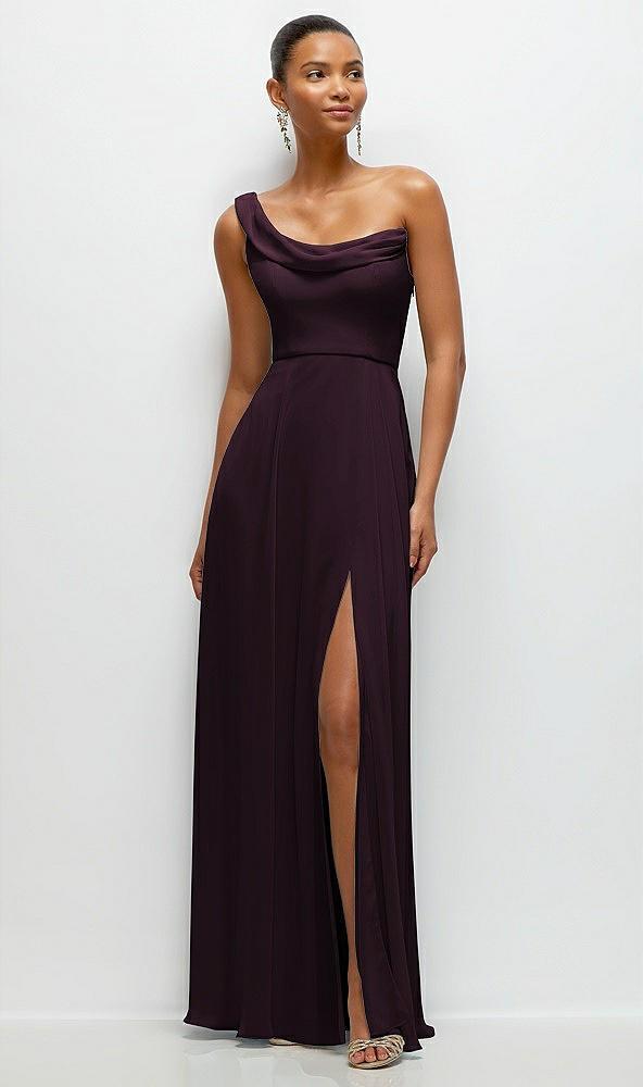 chiffon one-shoulder maxi dress with draped cowl neckline
