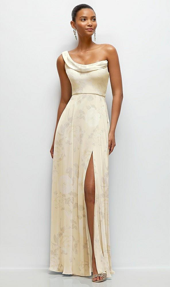 chiffon one-shoulder maxi dress with draped cowl neckline