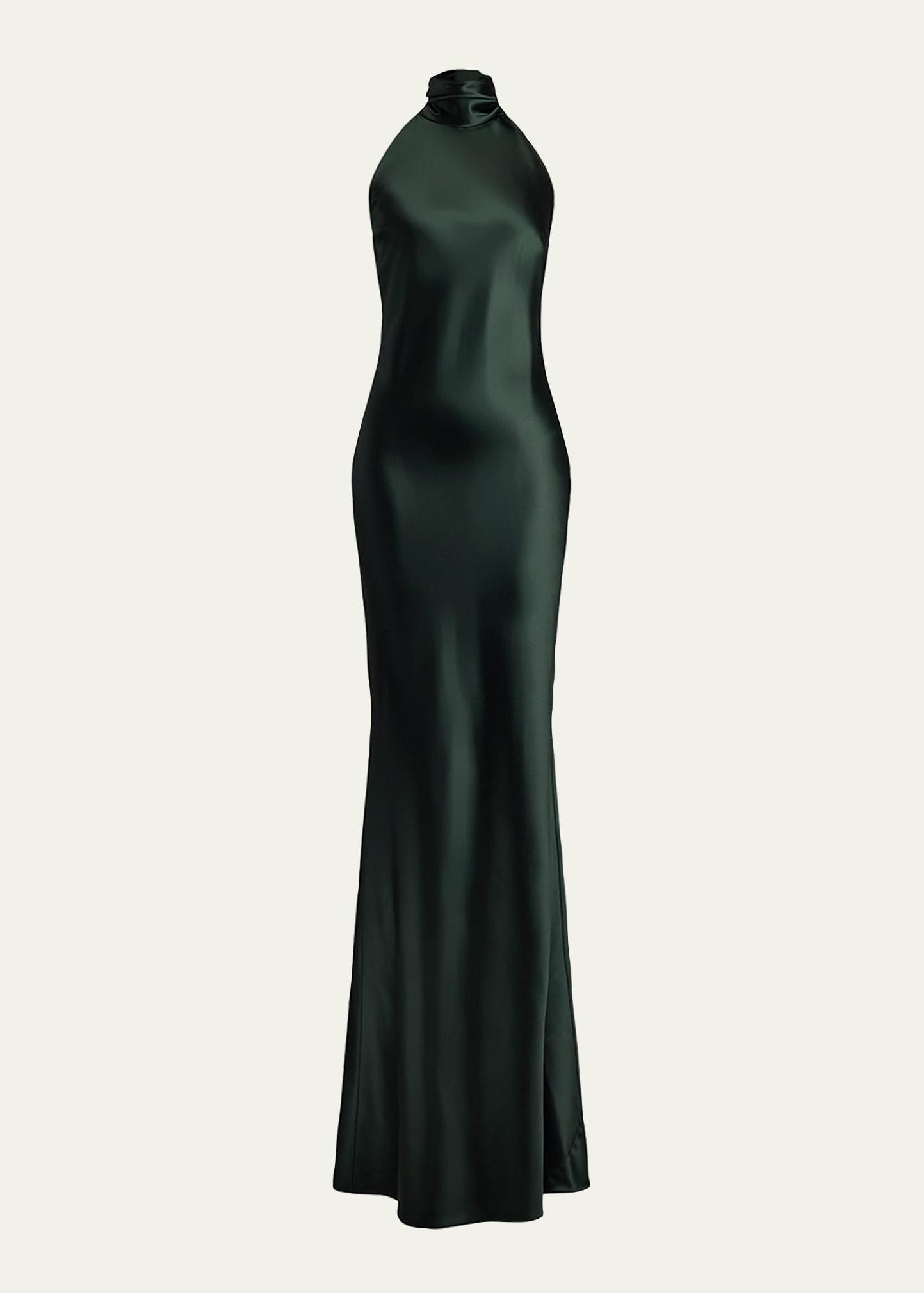 chilton stretch satin halter evening dress
