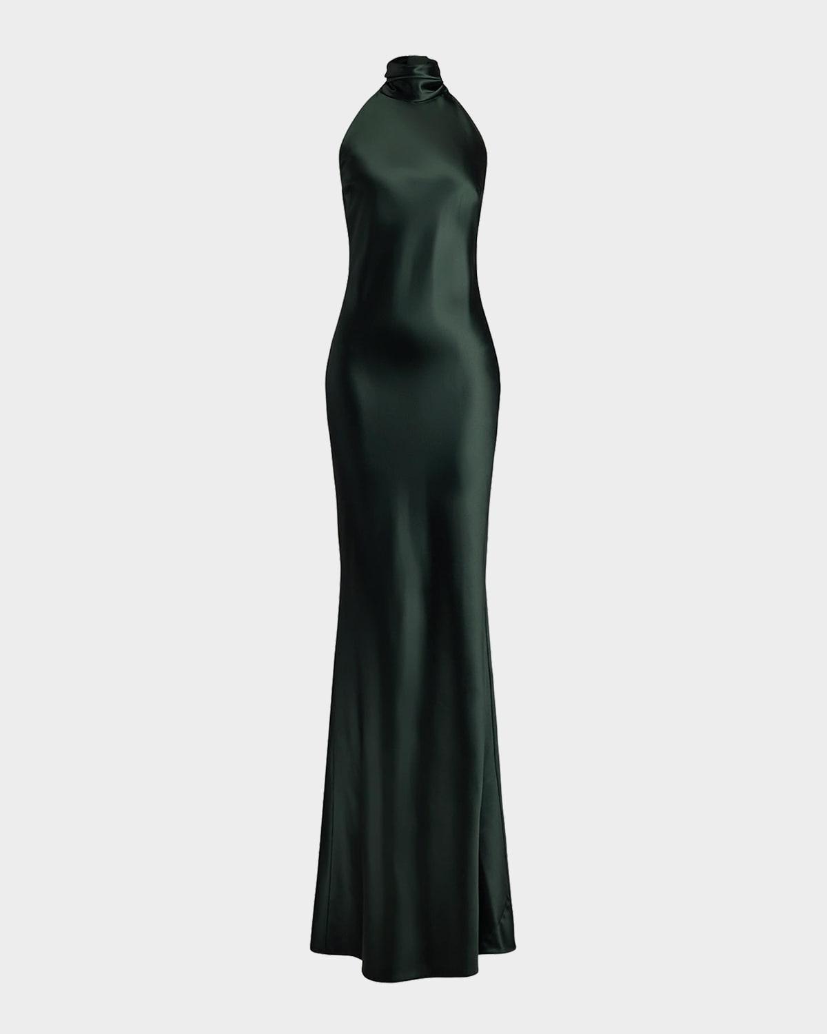 chilton stretch satin halter evening dress