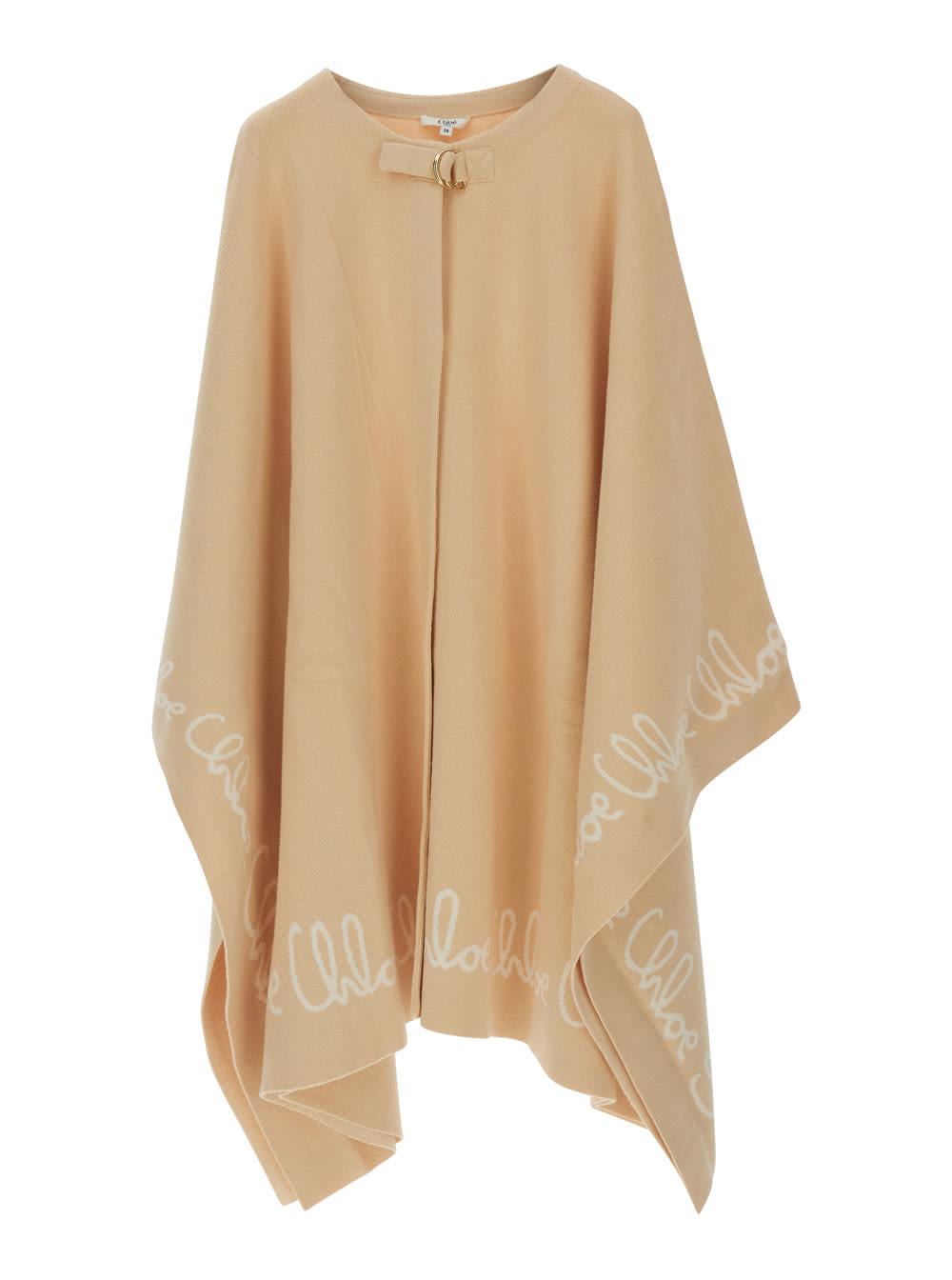 chloé beige crew neck cape with logo lettering on the edges in cotton girl