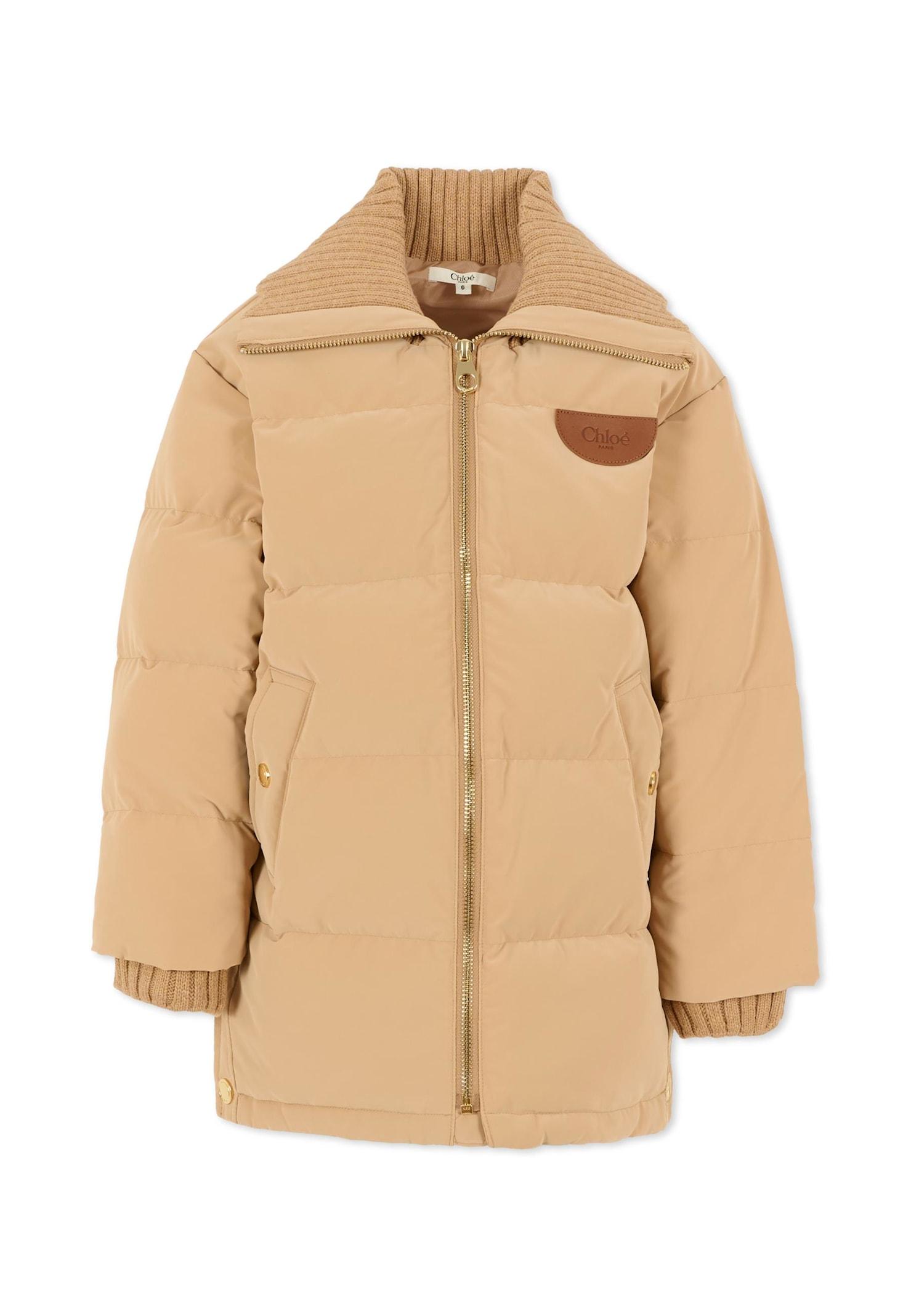 chloé beige down jacket for girl with patch