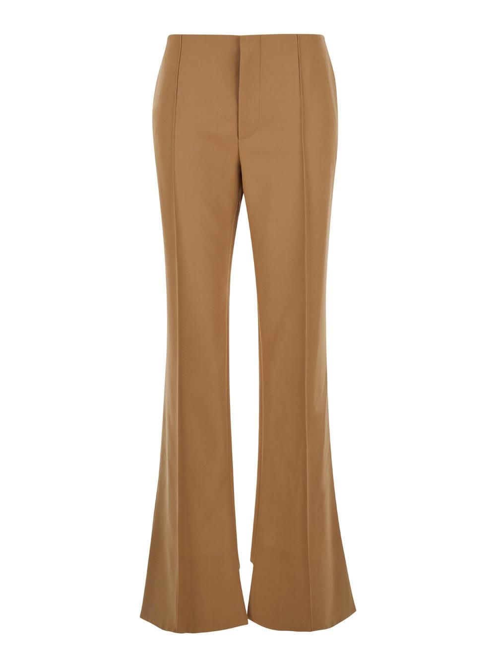 chloé beige flared pants with asymmetric hem in grain de poudre wool woman