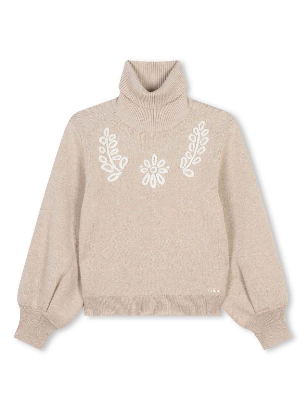 chloé beige high neck sweater with embroideries in cotton and wool girl