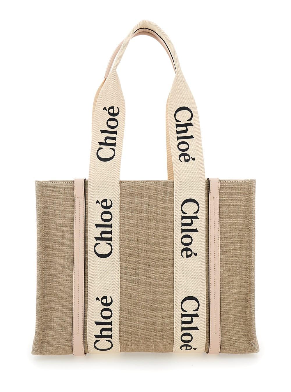 chloé beige medium woody handbag with logo in linen canvas women