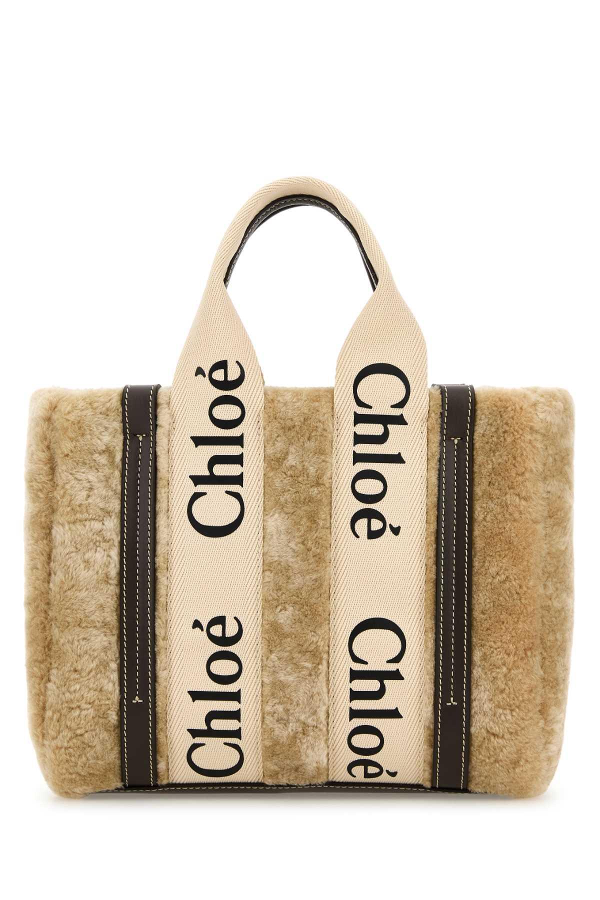 chloé beige shearling small woody shopping bag