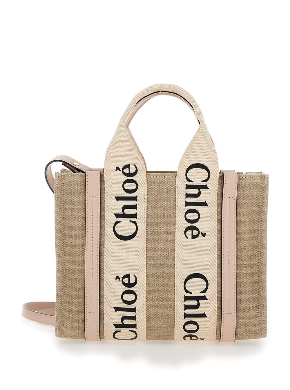 chloé beige woody tote bag with logoed ribbons in linen canvas for women