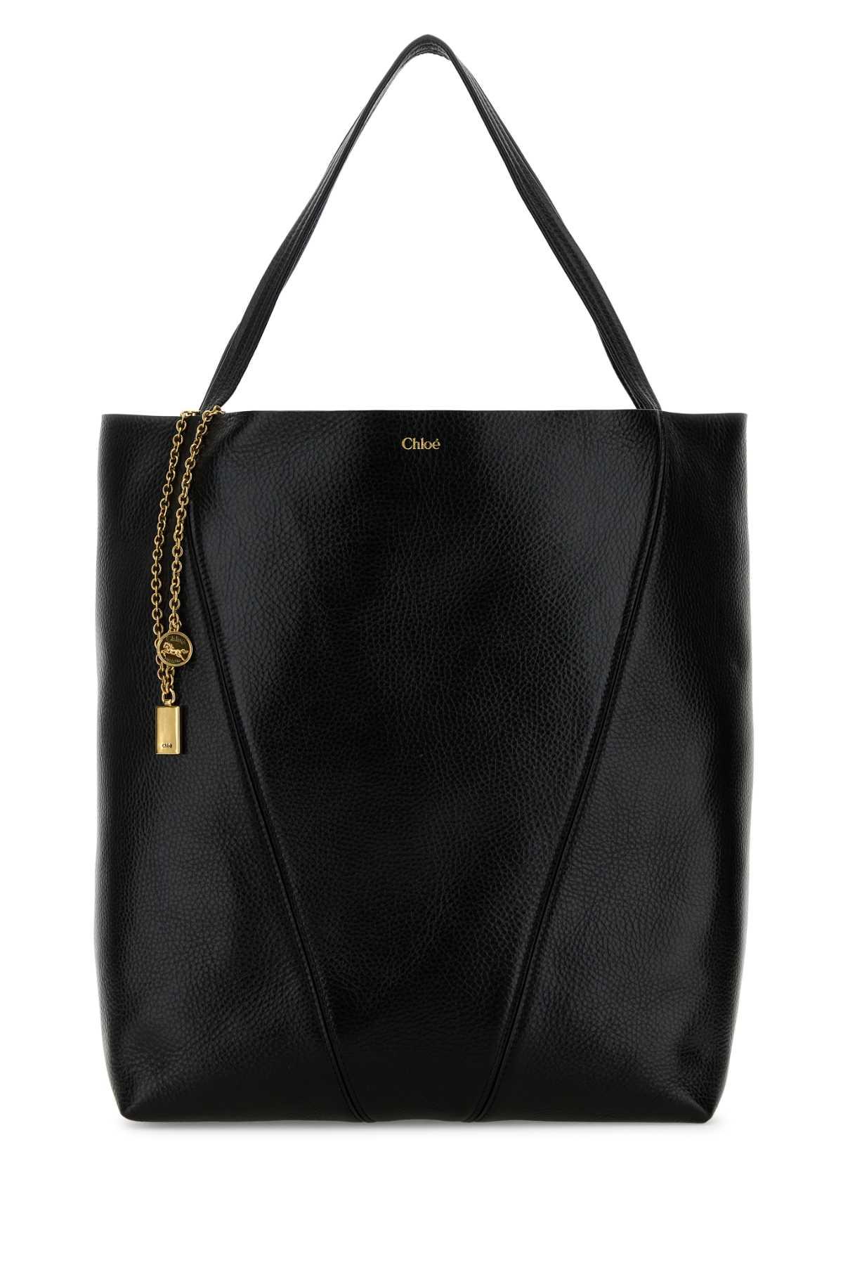 chloé black leather large spin shopping bag