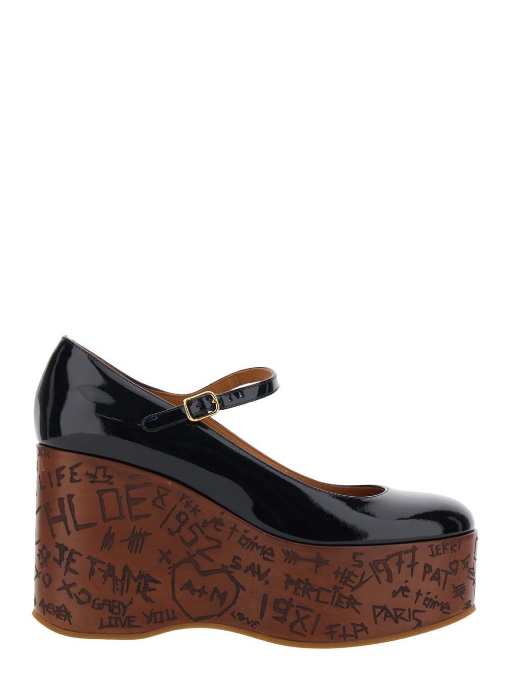 chloé black wedges with mary jace ankle strap and high wedge heel in leather woman