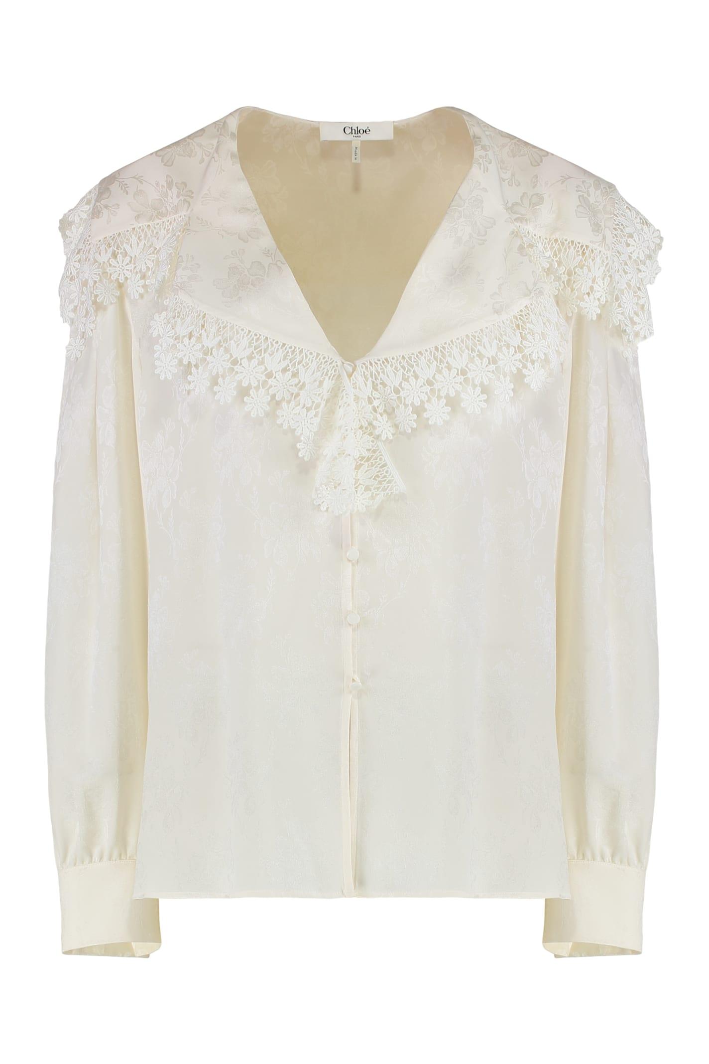 chloé blouse with a maxi collar in silk jacquard and lace