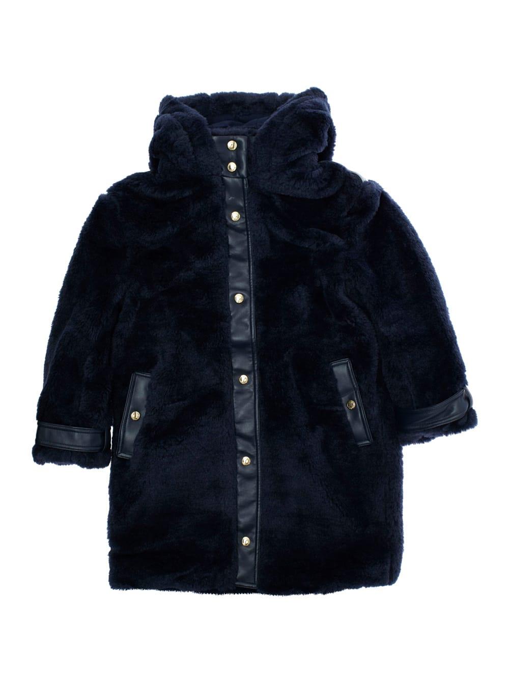 chloé blue coat with fixed hood and front button closure in ecofur girl