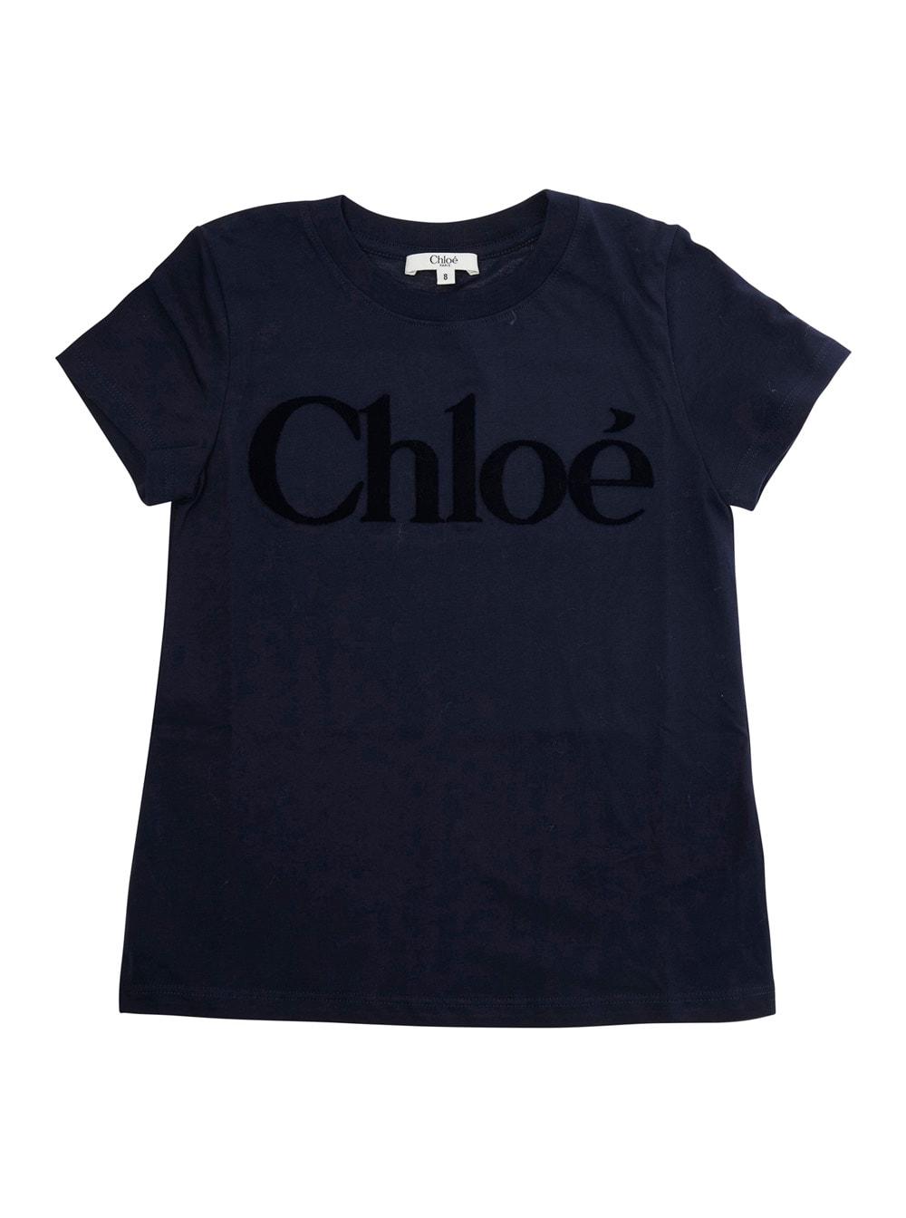 chloé blue crewneck t-shirt with logo lettering on the front in cotton girl