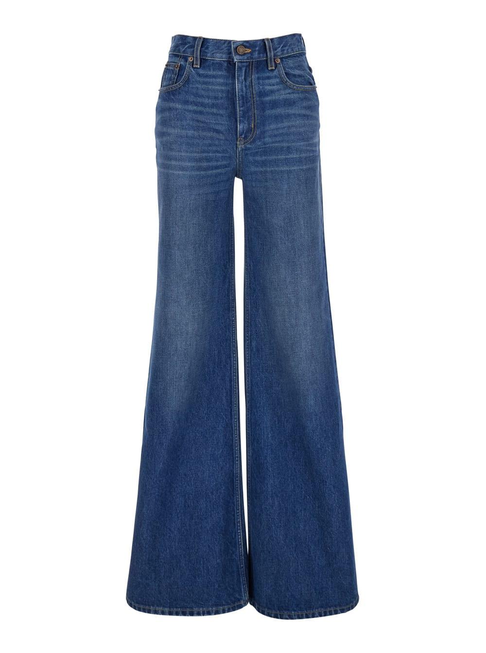 chloé blue high waisted jeans with wide leg and logo patch on the rear in denim woman
