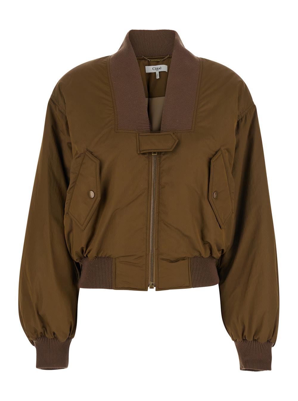 chloé brown bomber jacket with v neck and front zip closure in tech fabric woman
