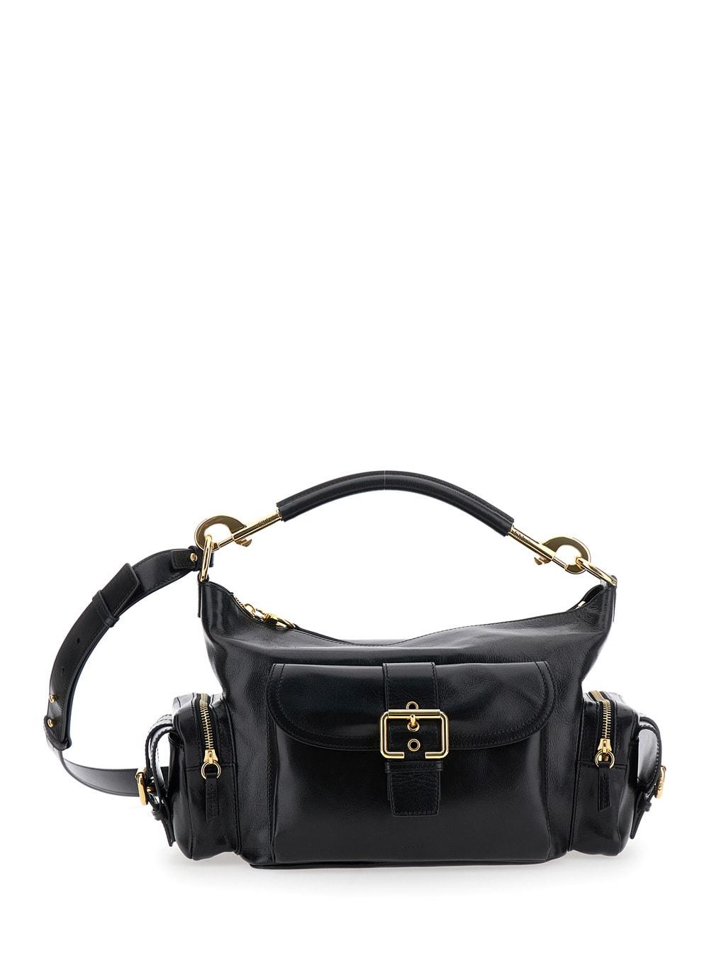 chloé camera bag black shoulder bag with logo buckle and removable handle in leather woman