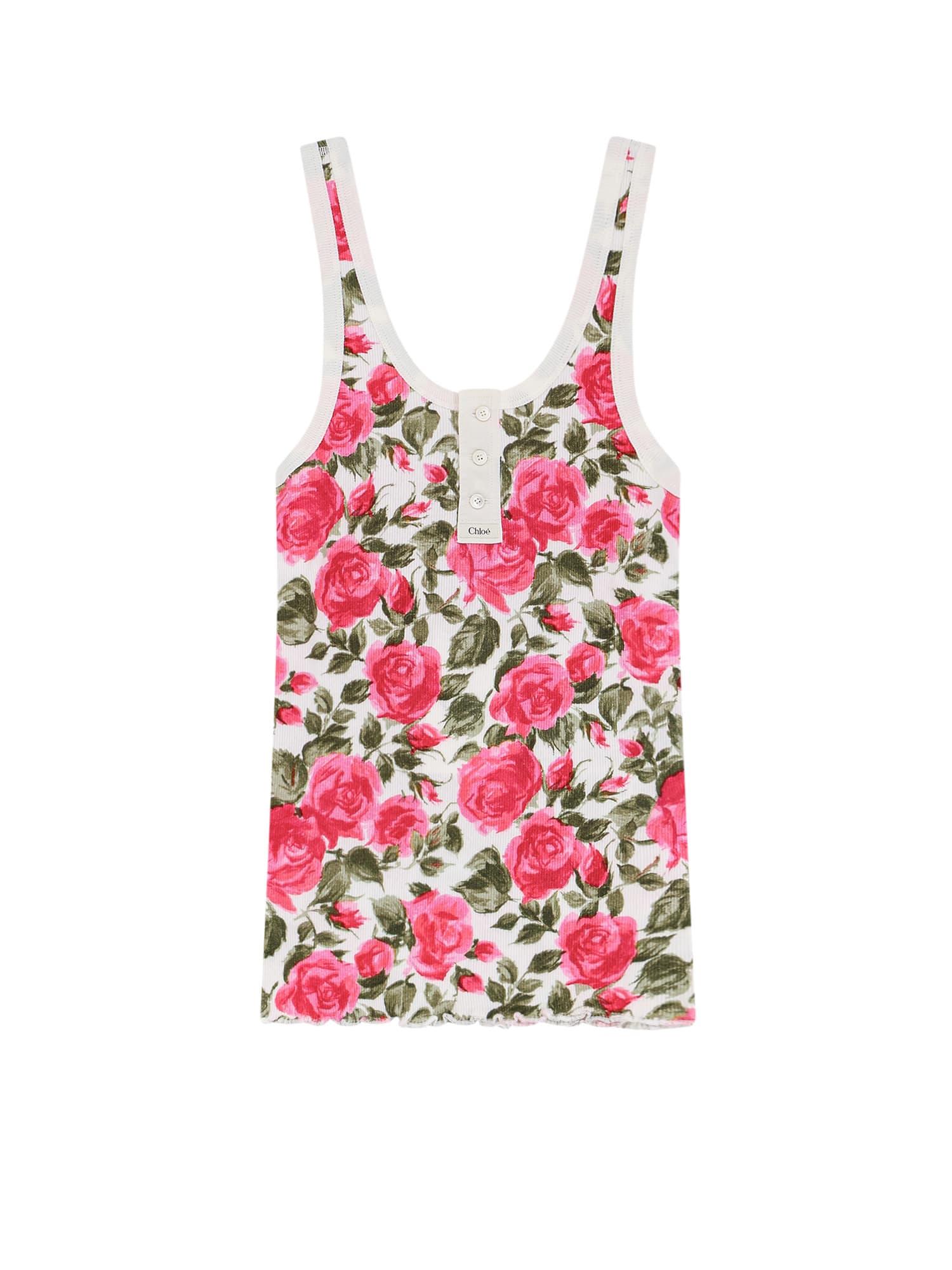 chloé cotton henley tank top with all-over floral pattern