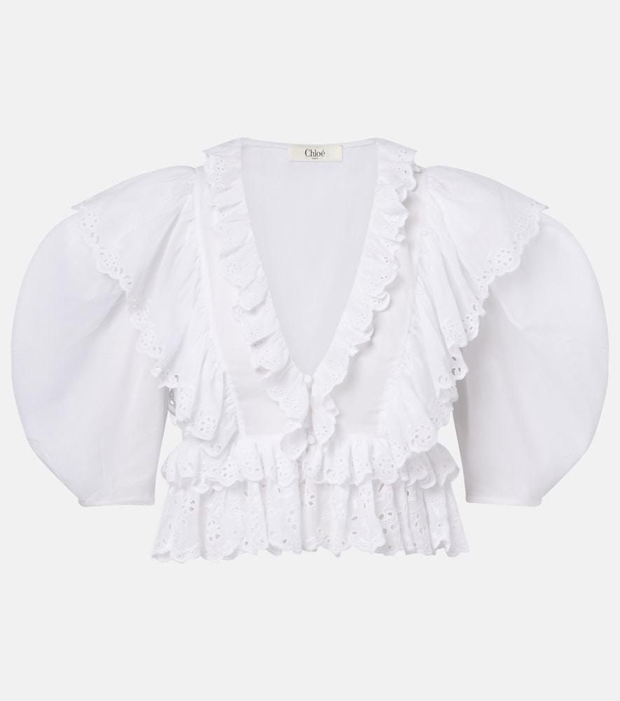 chloé embroidered ruffled cotton top