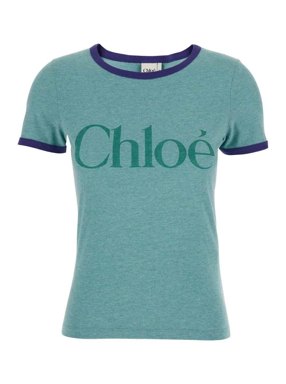 chloé green crewneck t-shirt with logo lettering print on the front in cotton woman