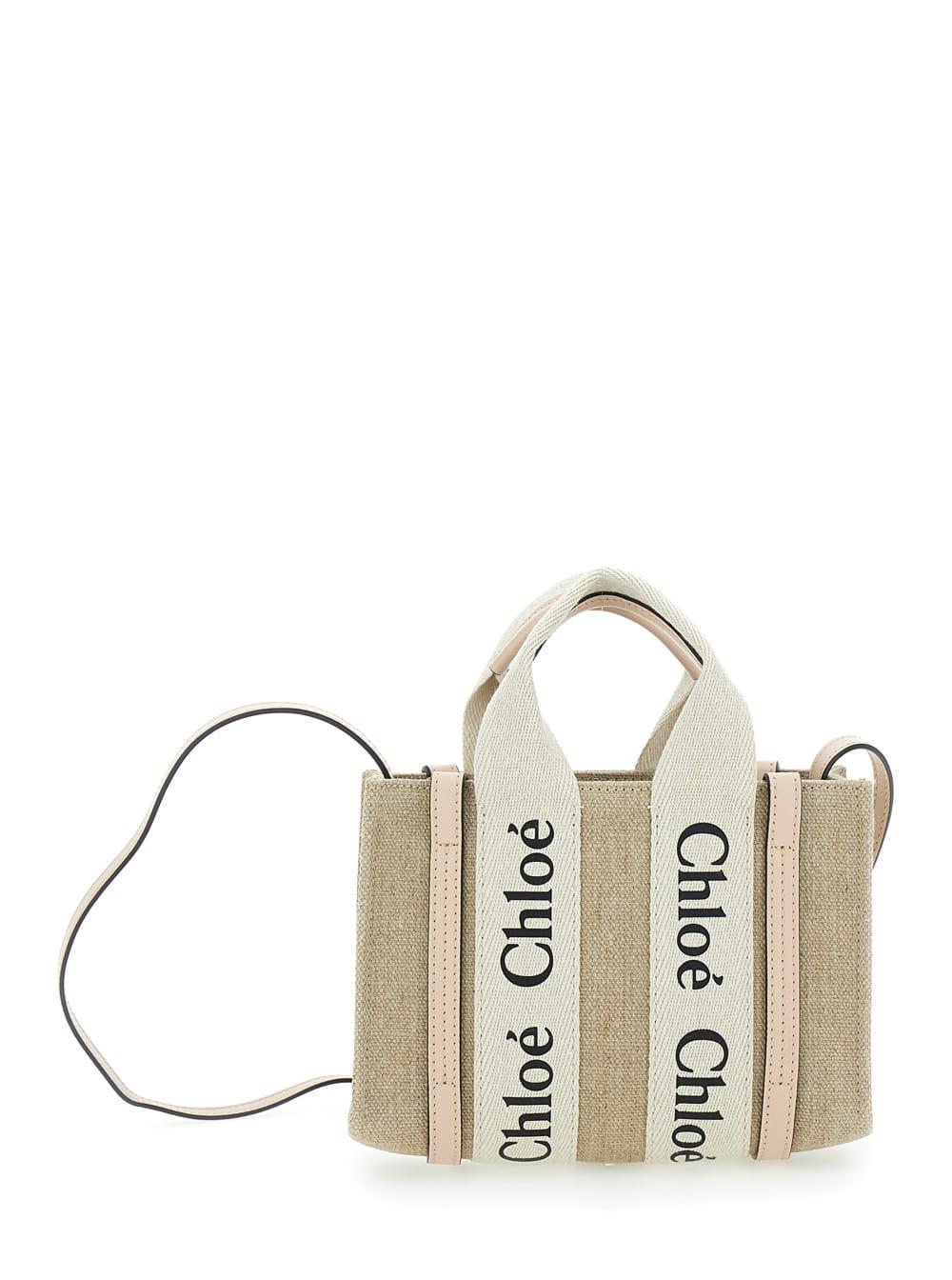 chloé handbag woody with logoed ribbons in canvas and beige leather for women