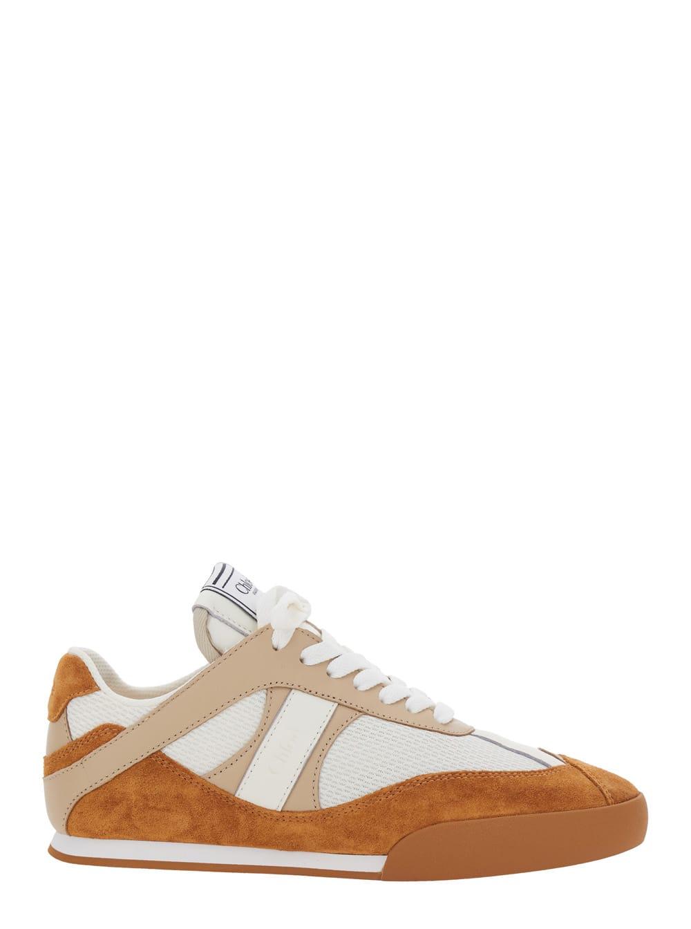 chloé kick brown sneaker with logo patch on the tongue and logo lettering on the back in fabric and suede woman