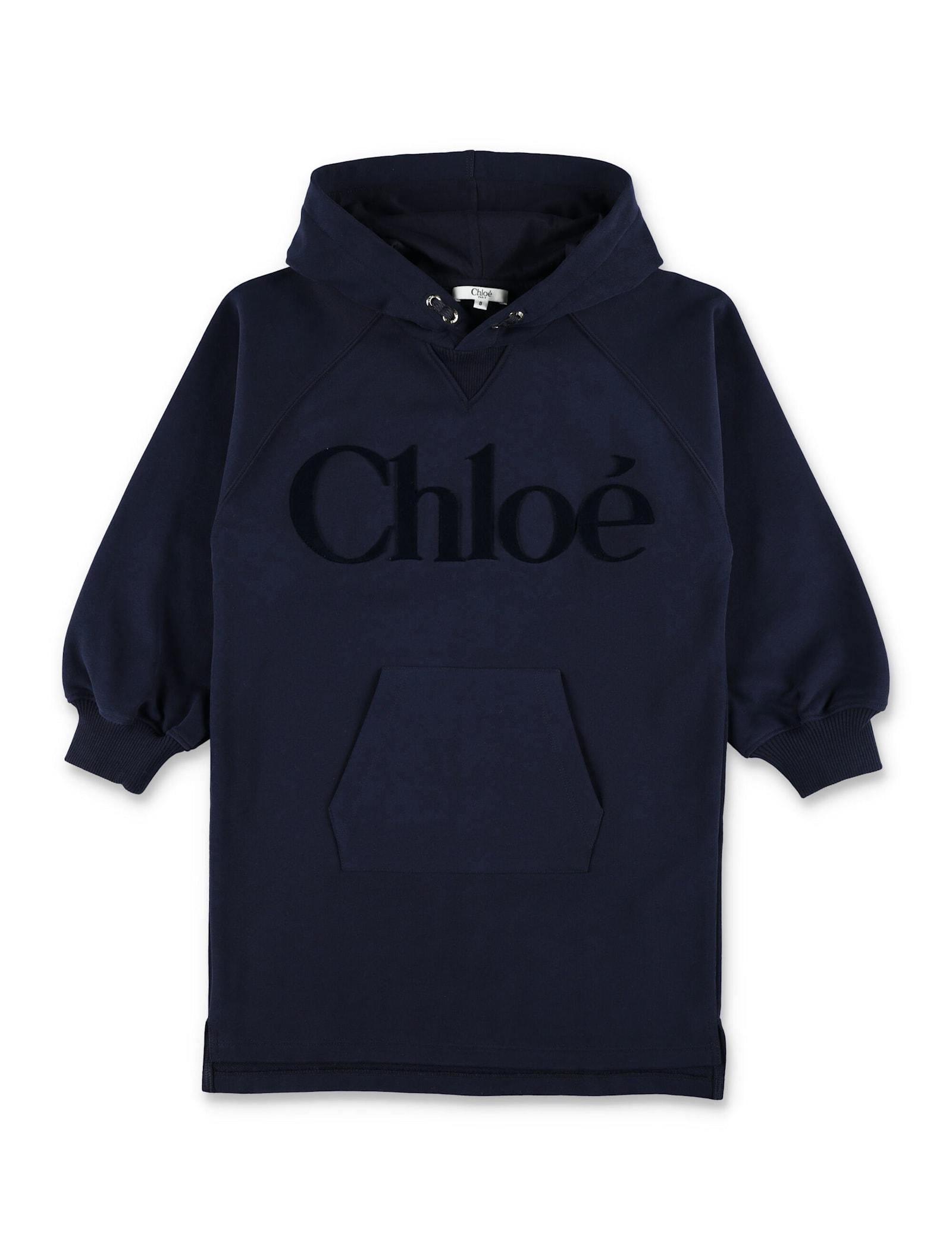 chloé kids logo hooded logo dress in brushed fleece