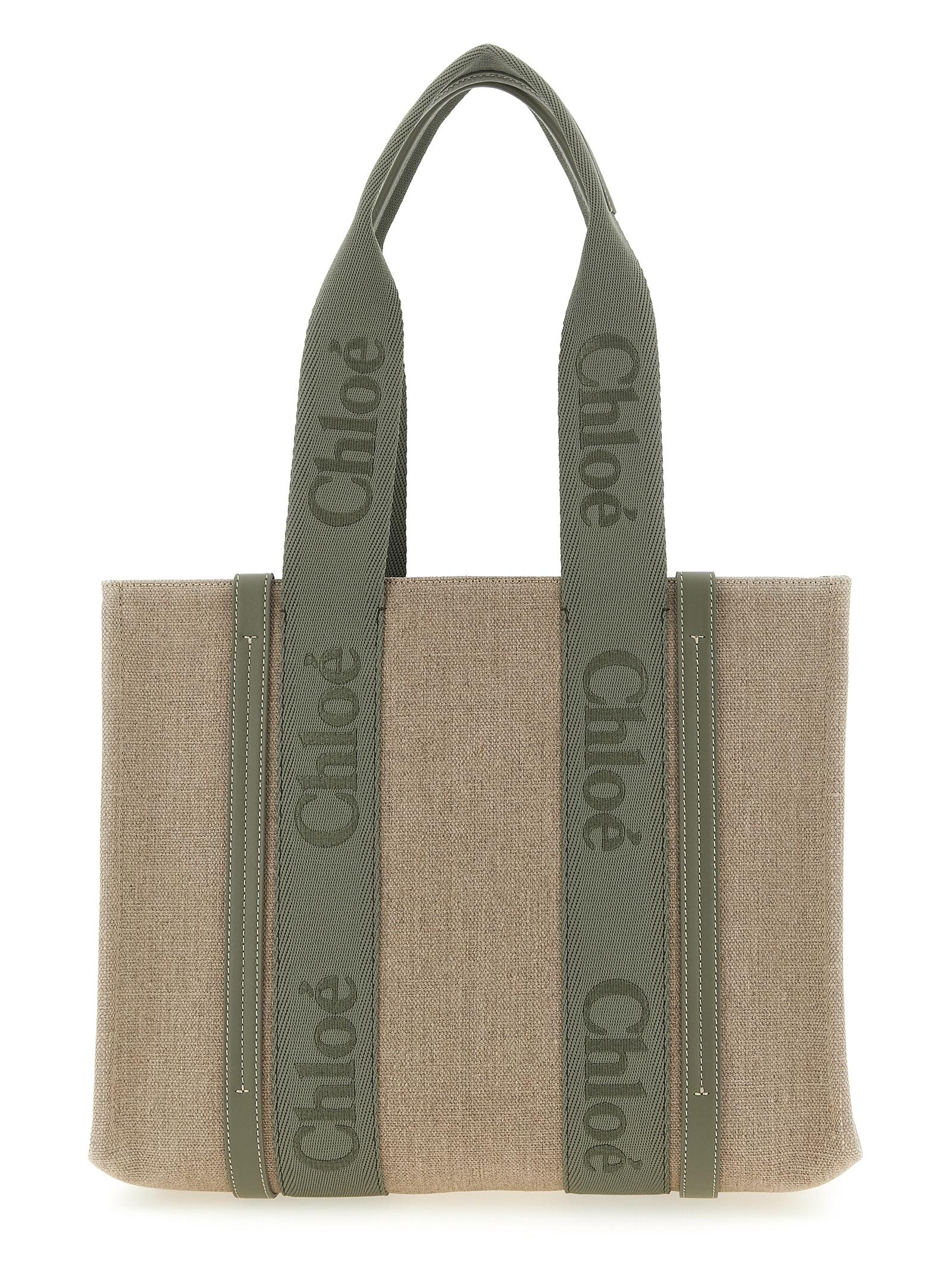 chloé medium woody shopping bag green linen tote - women