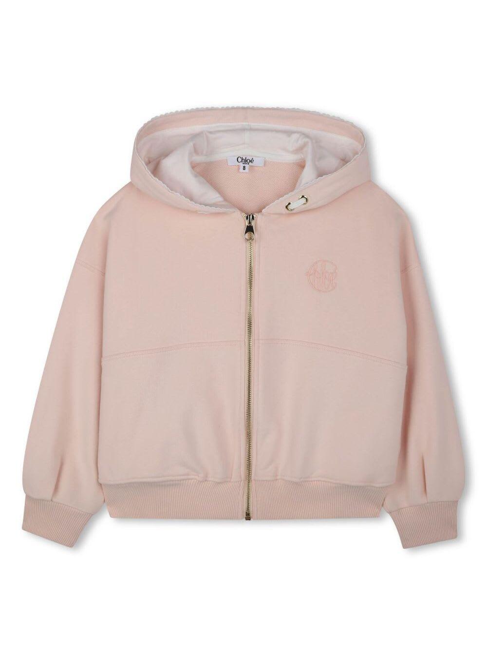chloé pink cardigan with fixed hood and logo on the front in cotton girl
