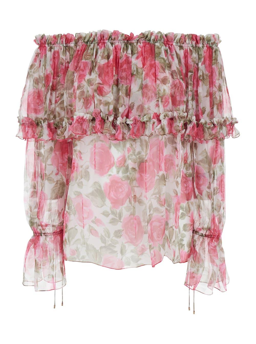 chloé pink off shoulder top with all-over floral print in silk for women