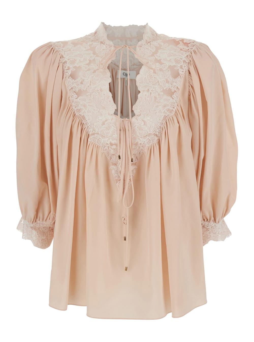 chloé pink shirt with balloon sleeves and lace decorations in silk for women