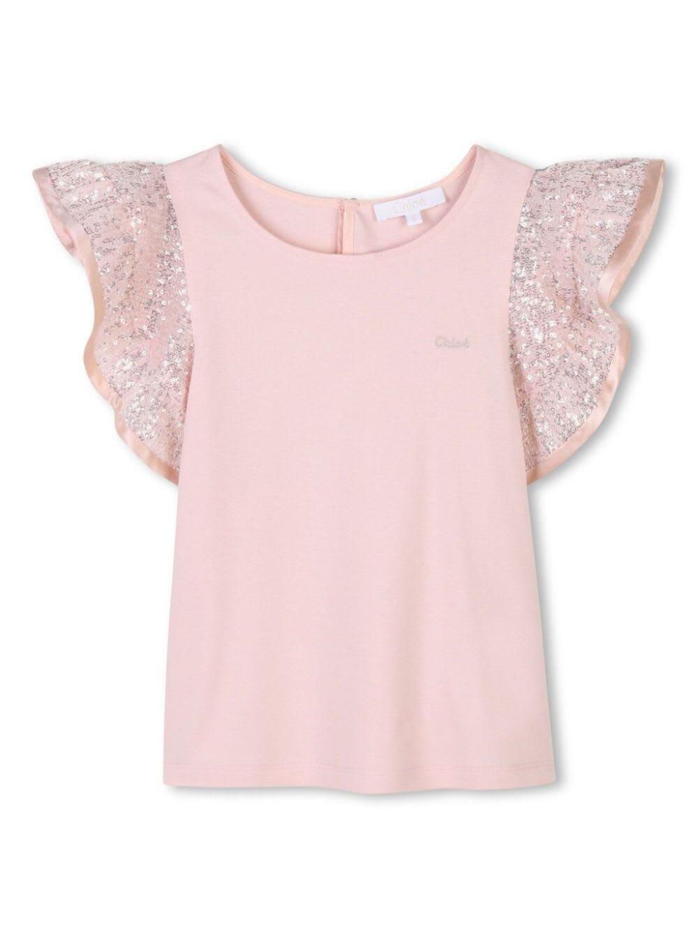 chloé pink top with sequin decorations and logo on the chest in cotton girl
