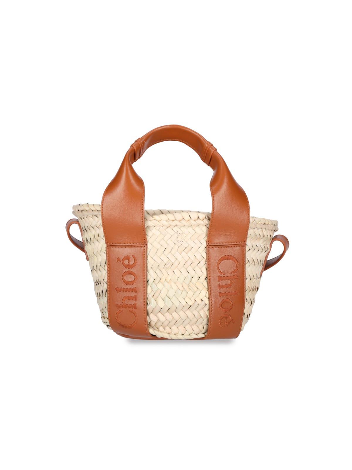 chloé sense small tote bag in nat raffia and brown leather