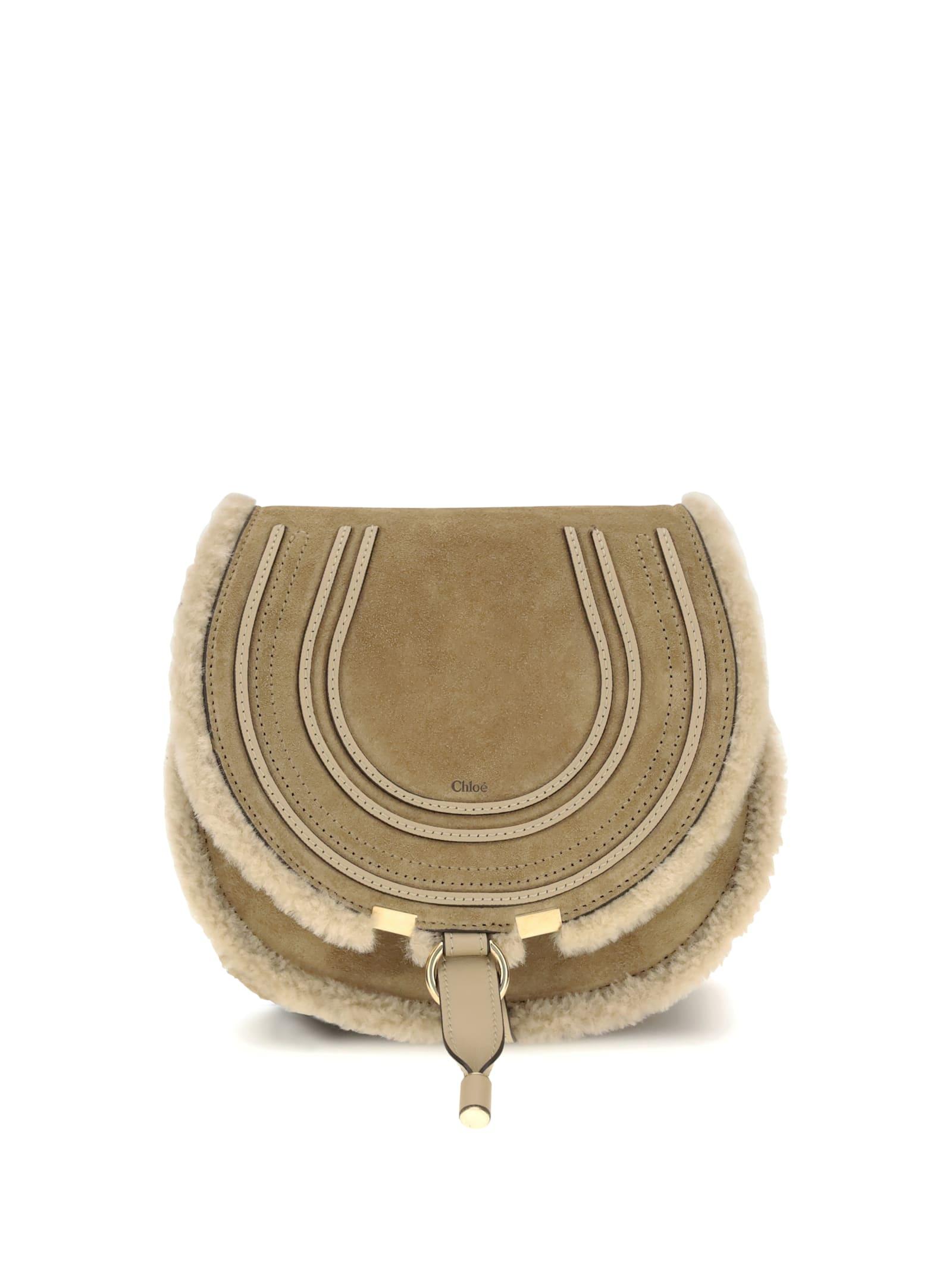 chloé small saddle marcie shoulder bag in suede and shearling