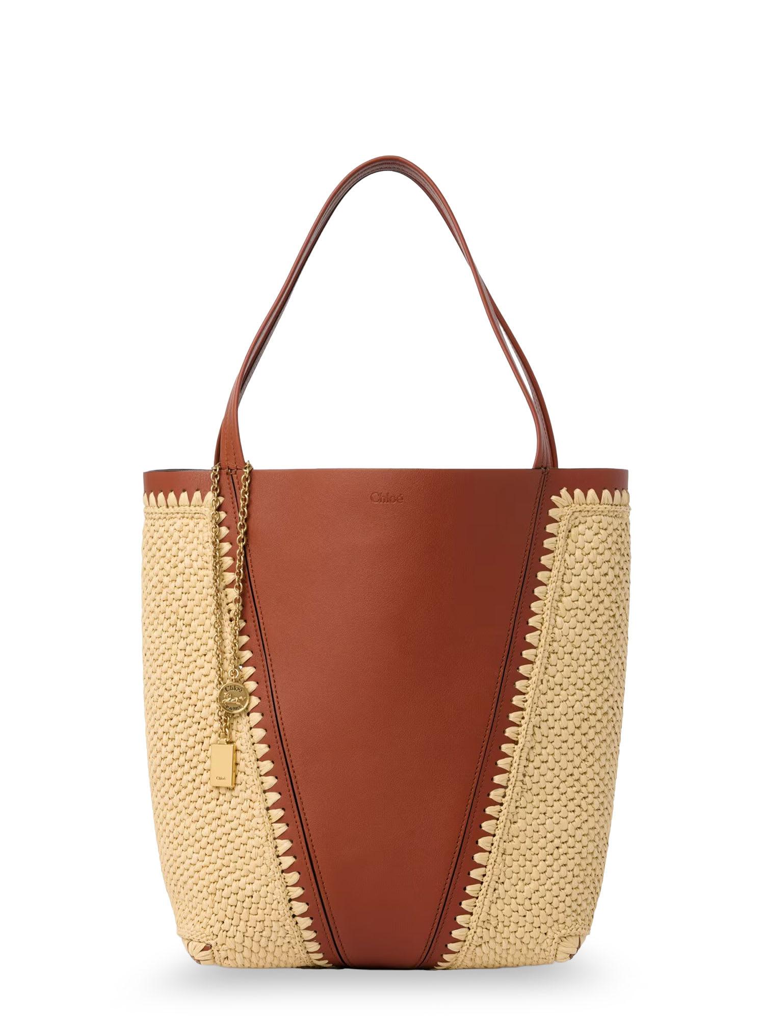 chloé spin leather and raffia shoulder bag