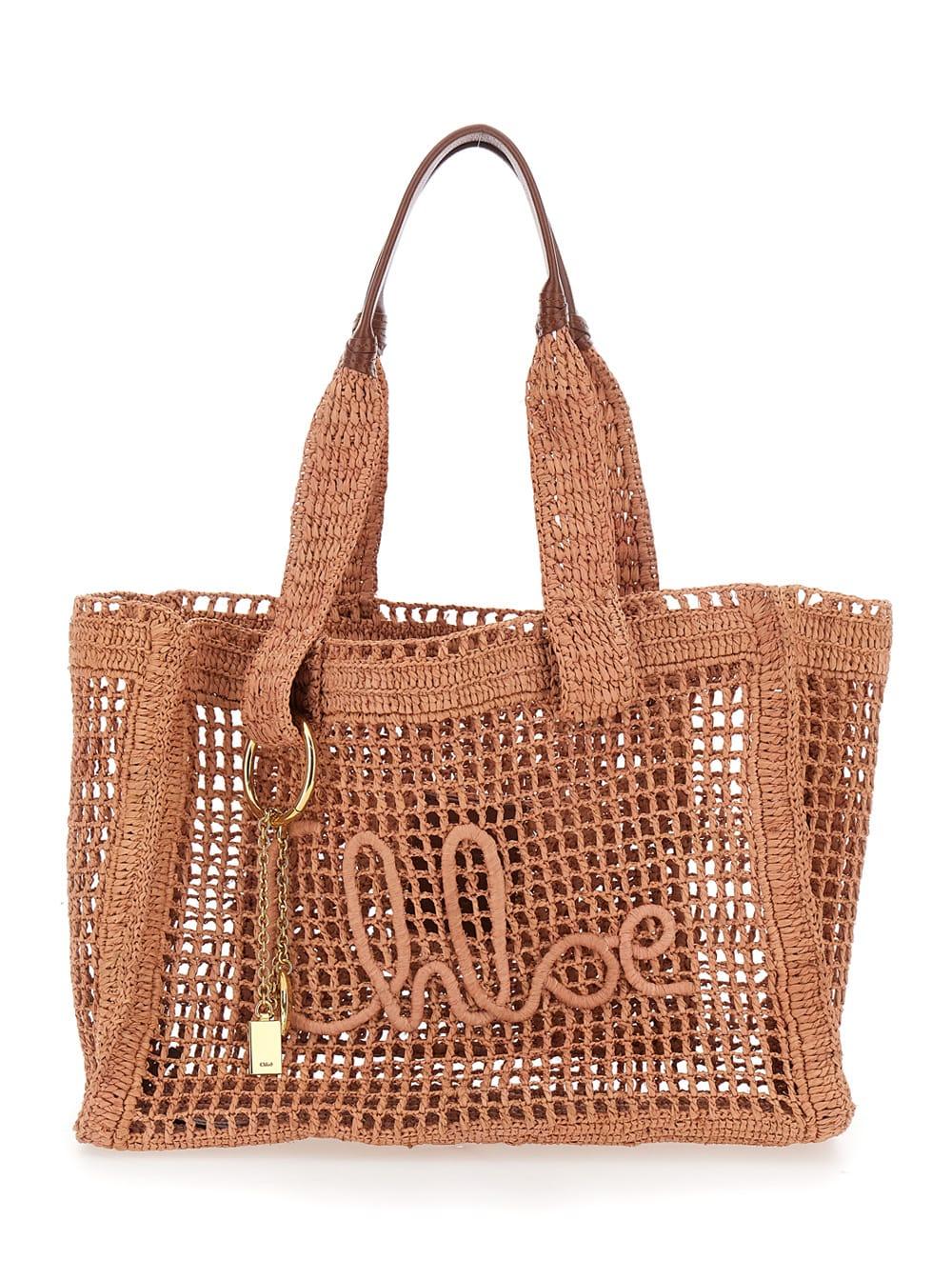 chloé summer banana beige shopper with lock detail and logo lettering in raffia for women
