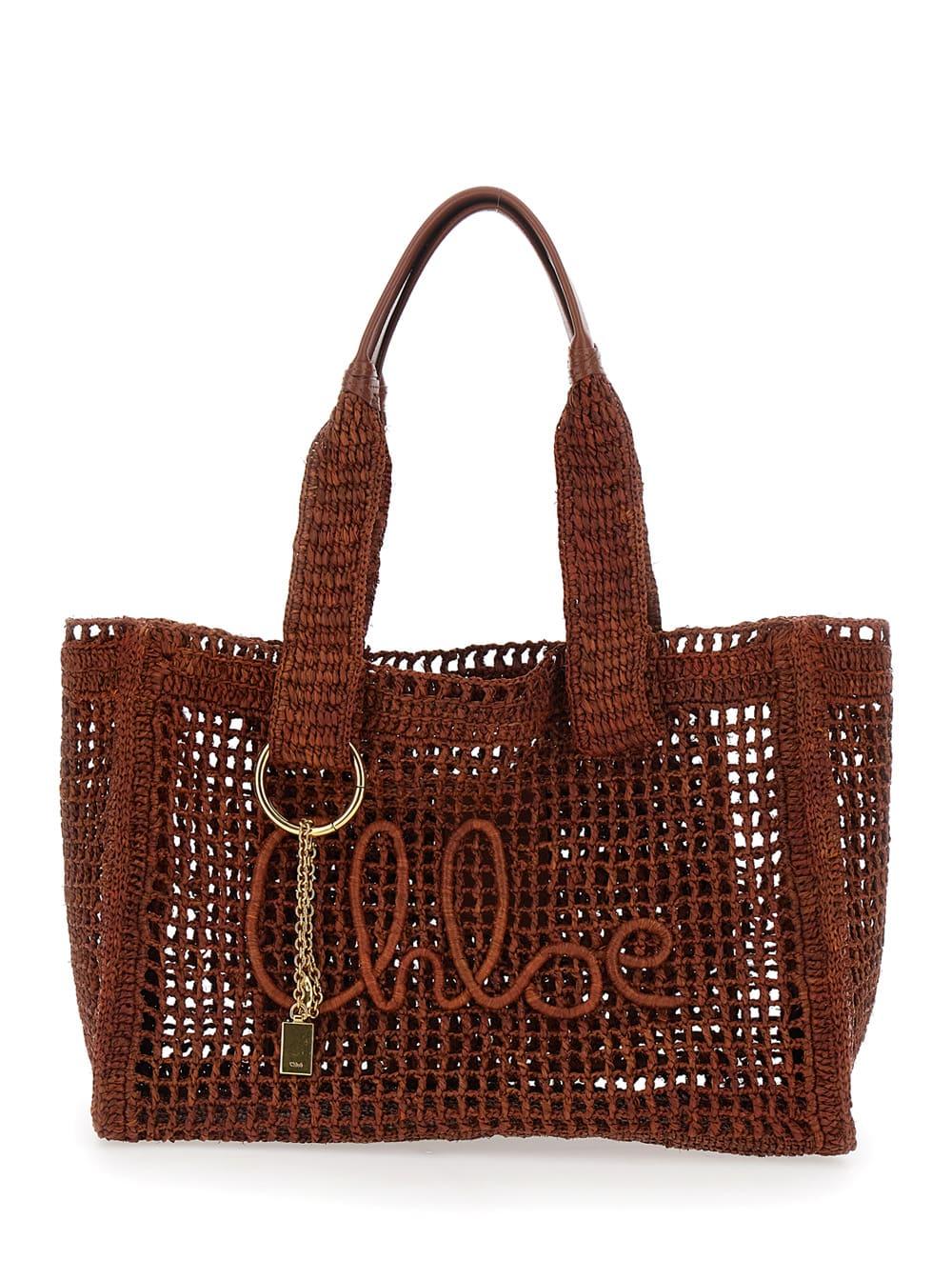 chloé summer banana brown tote bag with lock detail and lettering logo in raffia for women