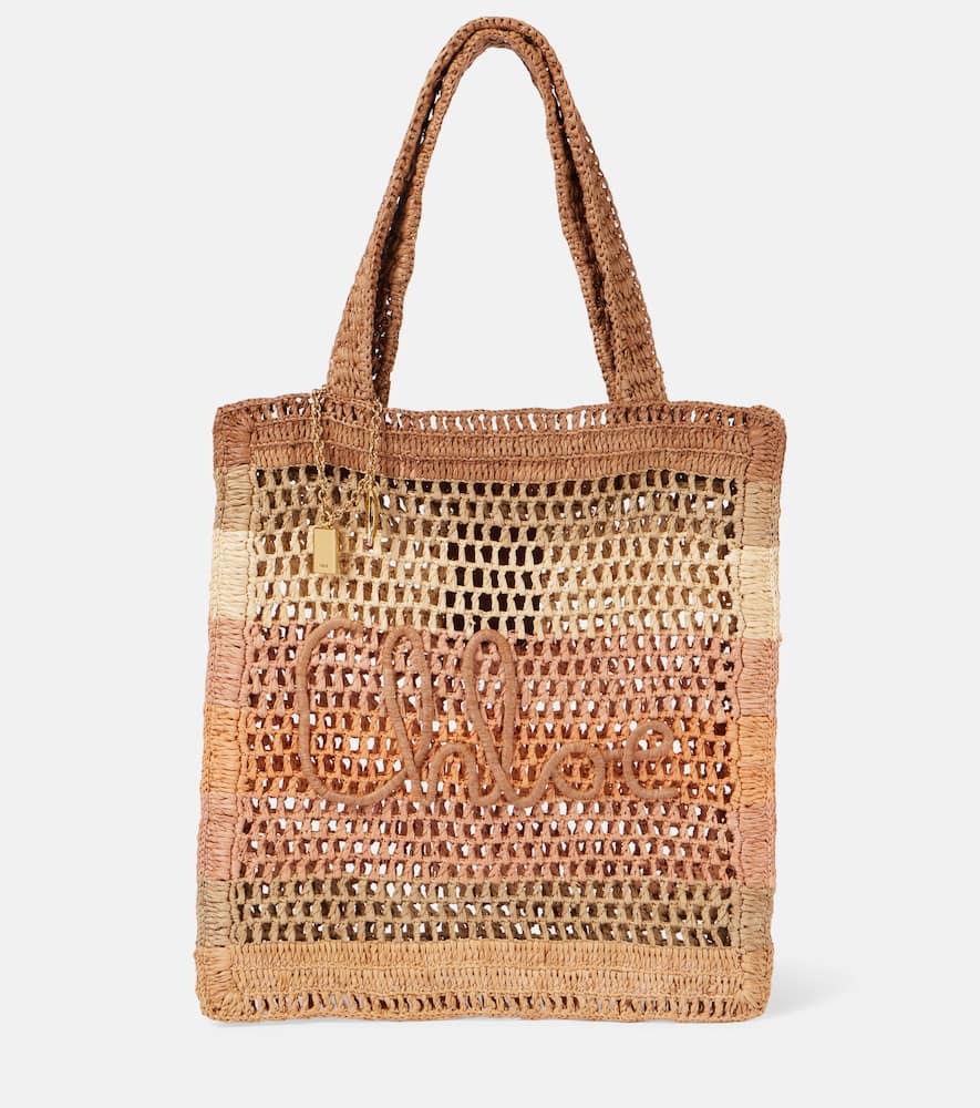 chloé summer banana striped raffia tote bag