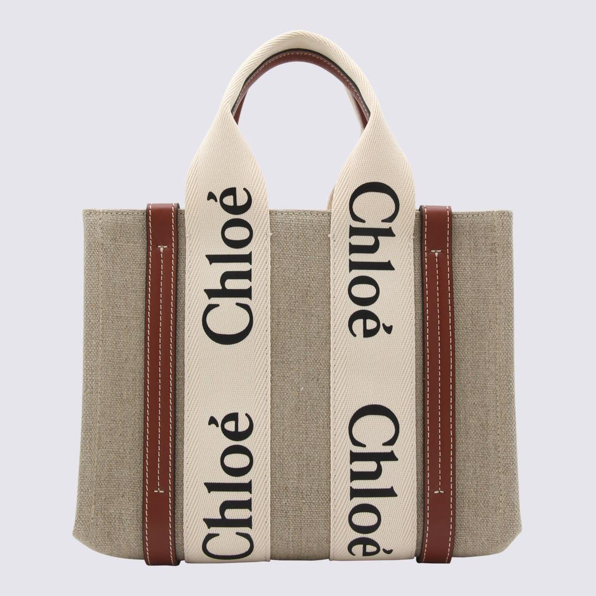 chloé white and brown raffia and leather woody tote bag
