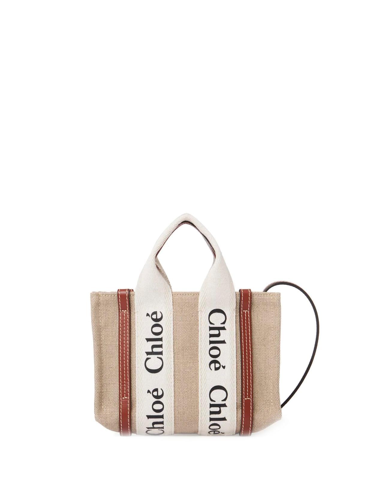 chloé white and brown woody mini tote bag