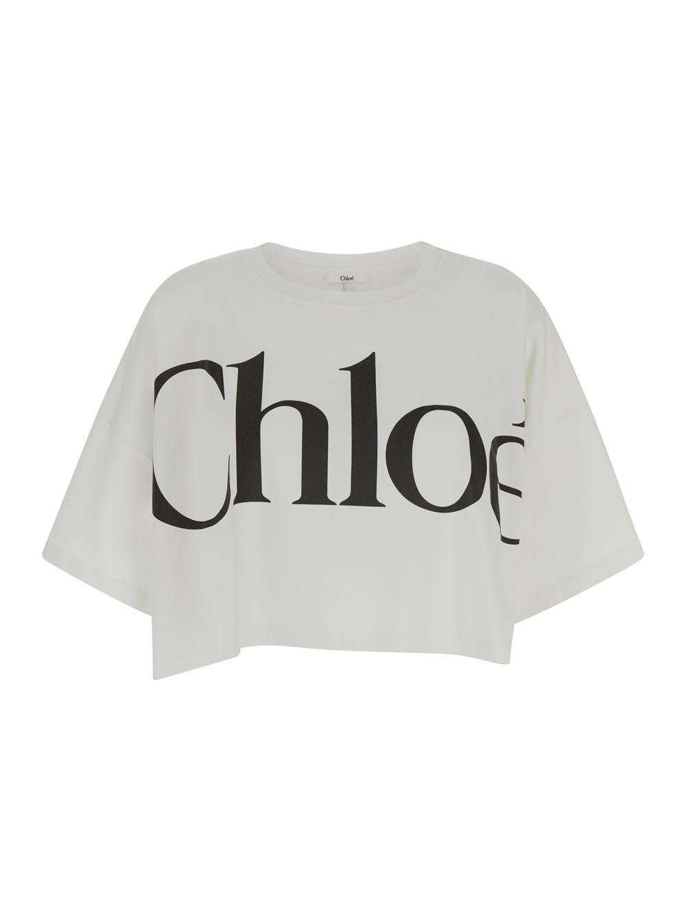 chloé white crop t-shirt with logo lettering in cotton woman