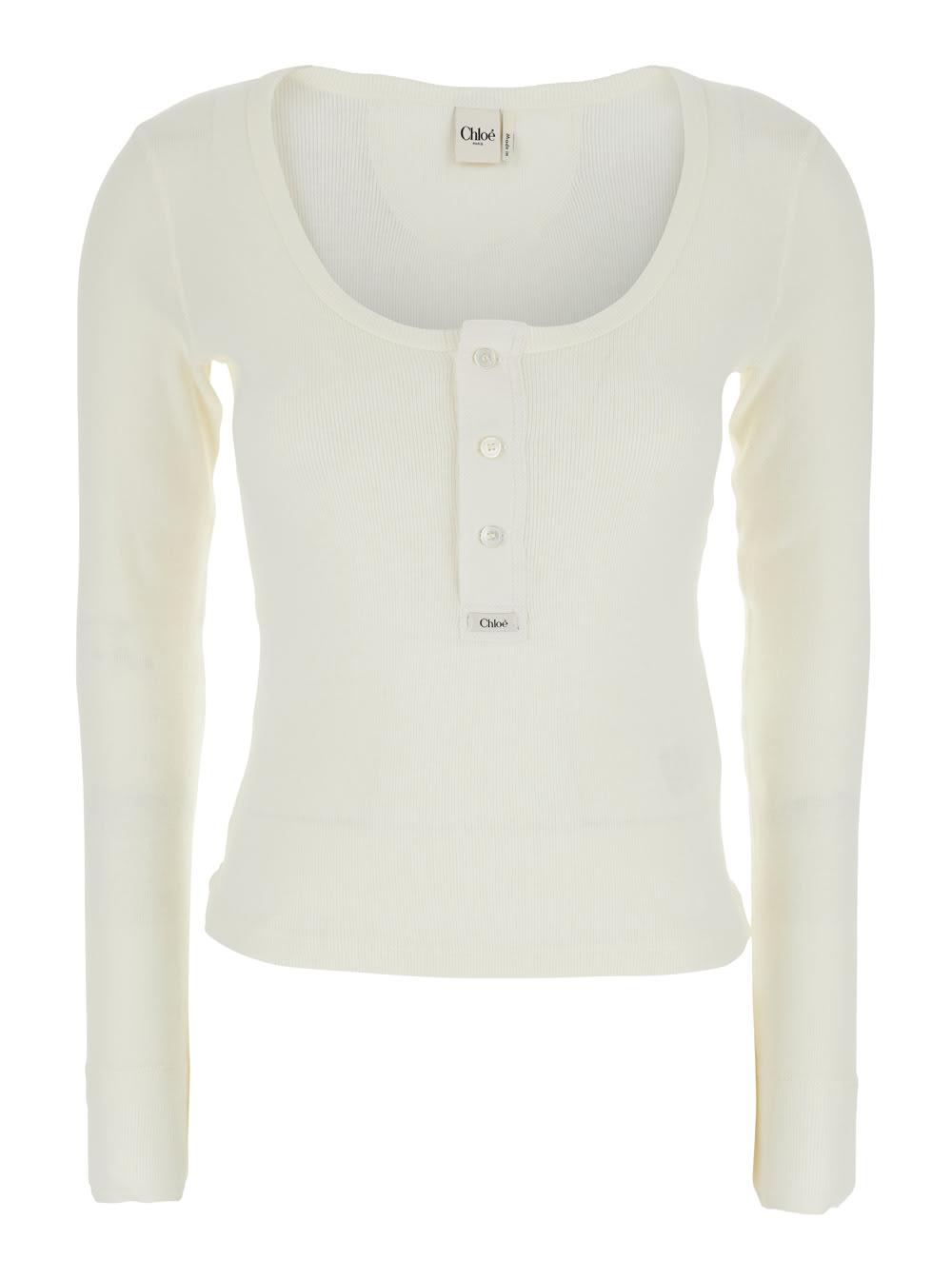 chloé white long sleeve t-shirt with logo patch on the front in ribbed knit cotton for women