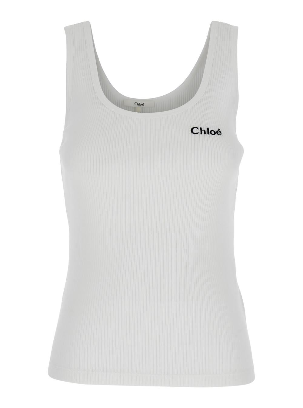 chloé white top with embroidered logo on the front in cotton woman