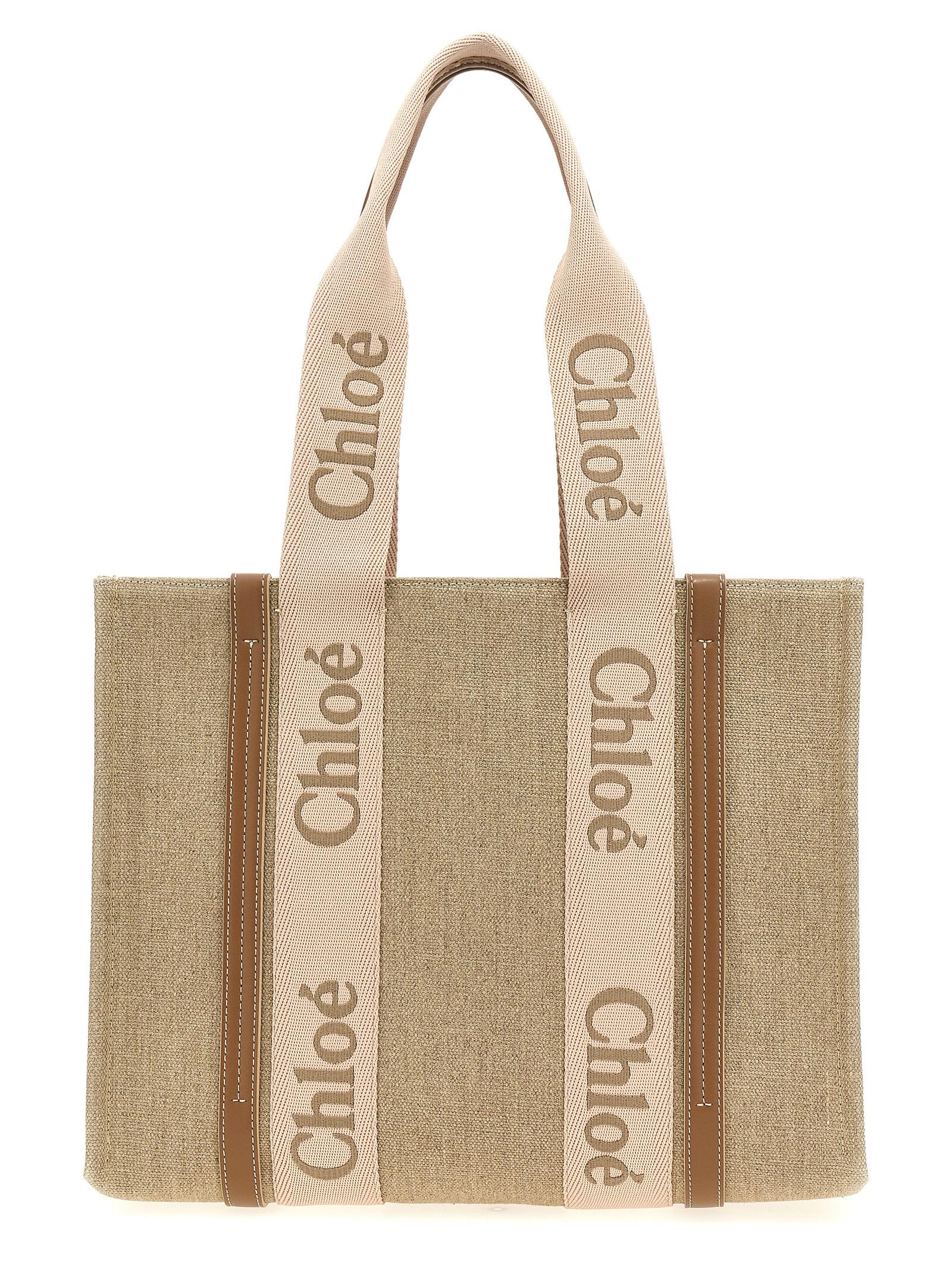 chloé woody medium shopping bag beige cotton tote - women