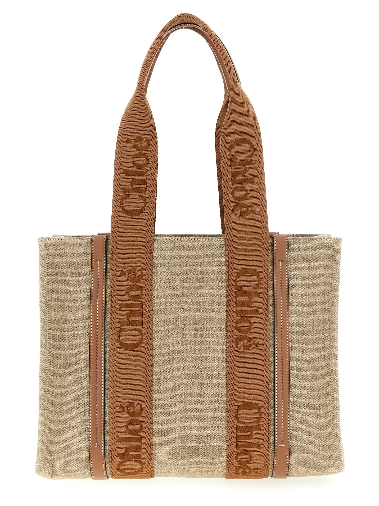 chloé woody medium shopping bag brown linen tote - women