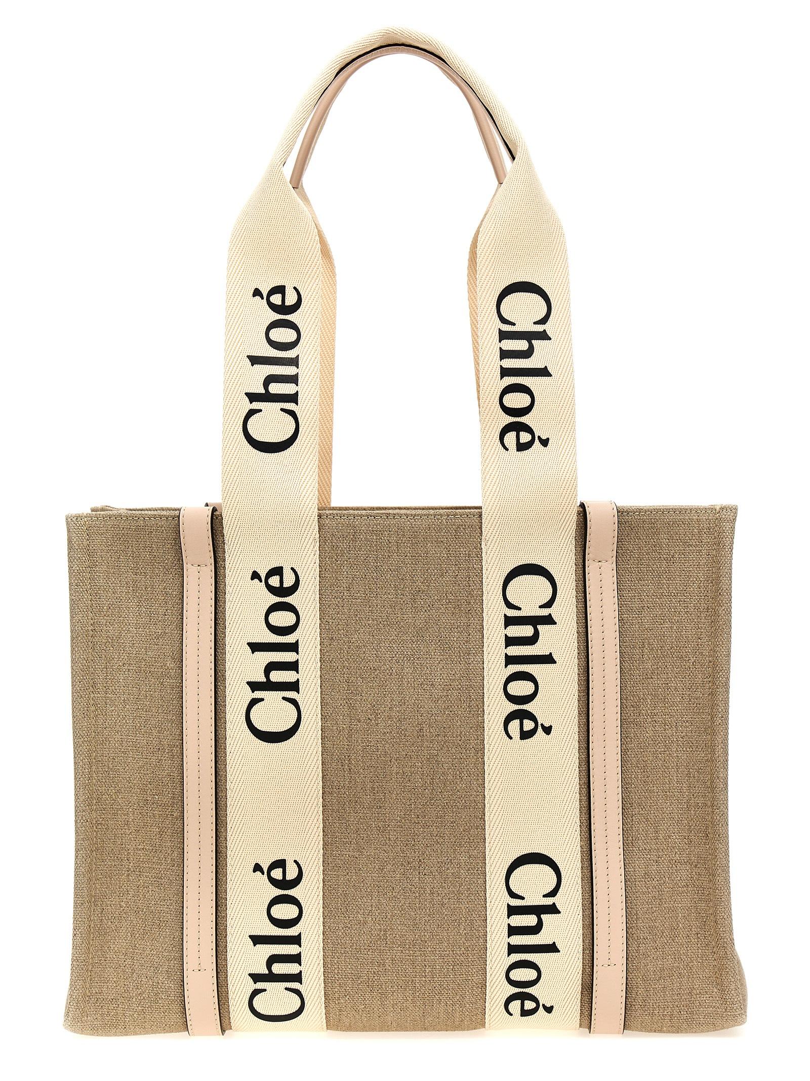 chloé woody medium shopping bag pink linen tote - women