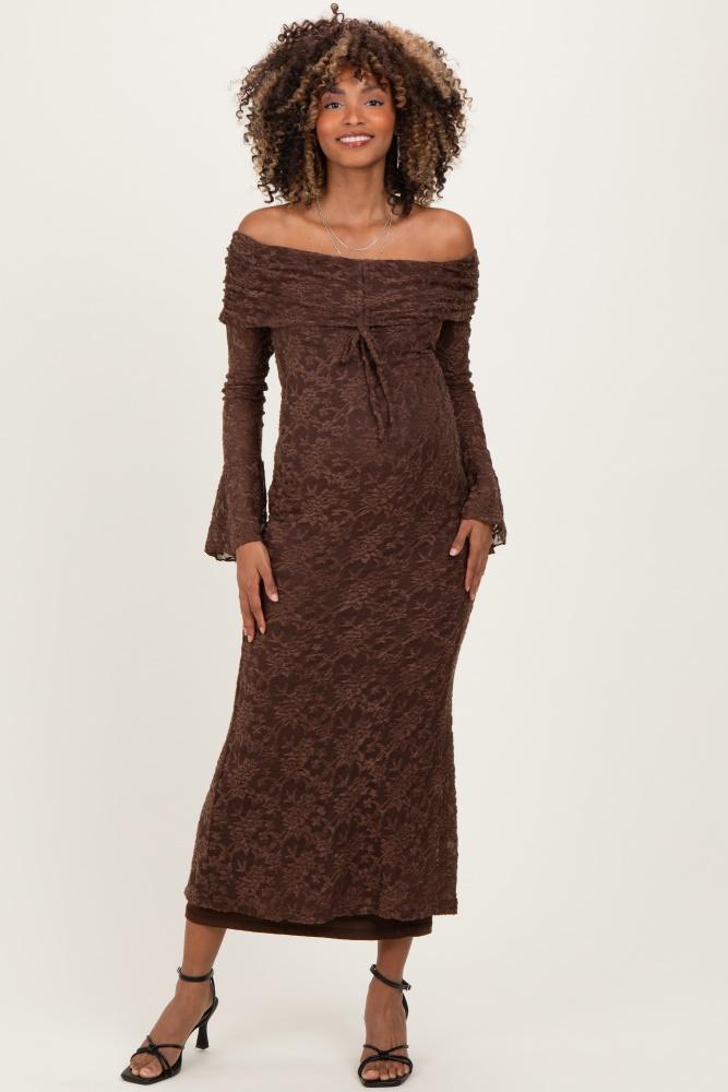 chocolate lace off shoulder maternity maxi dress